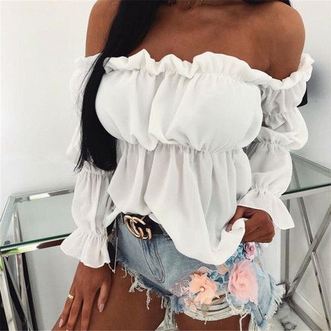 Chiffon Blouses Womens Sexy Off Shoulder Long Puff Sleeve Short Tops Loose Casual Blouse Lady Sexy Hot Sale Ruffle Pleated Shirt ► Photo 1/6