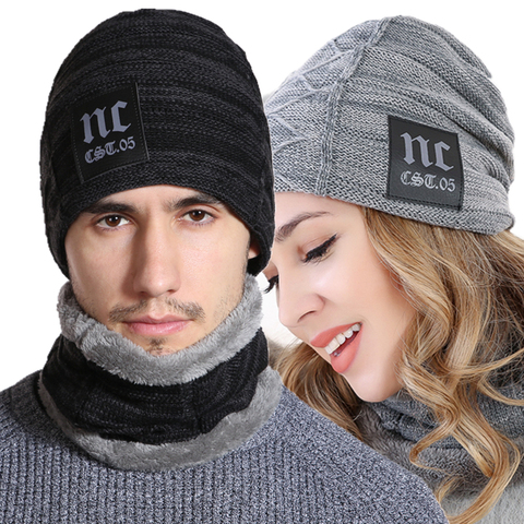 New Unisex Winter Hat Neck Warmer Hat Set NC Label Beanie Hat Casual Winter Hats For Men Women Add Fur Lining Warm Knitted Hat ► Photo 1/6