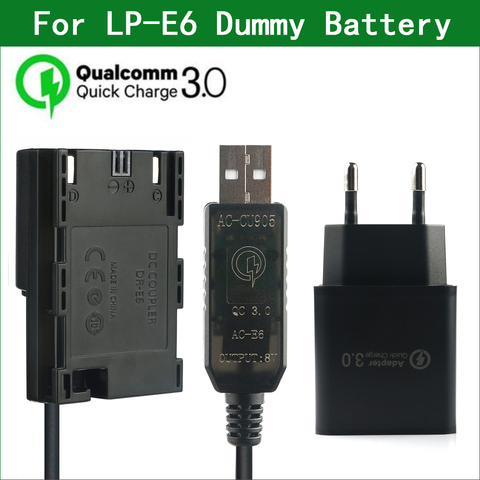 QC3.0 LP E6 E6N ACK-E6 DR-E6 Dummy Battery&DC Power Bank USB Cable for Canon EOS 6D 7D 60D 70D 80D 90D R R5 R6 5DS 5D Mark II ► Photo 1/1