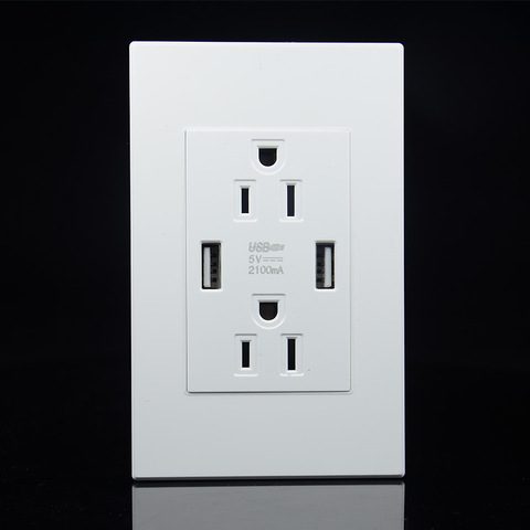 118mm white American USA Standard Double 3-pole socket with 2USB ports 2.1A PC flame retardant household safety power plug 15A ► Photo 1/6