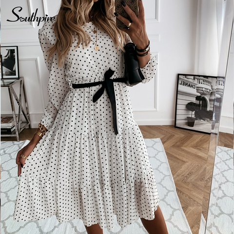 Southpire Simple O-neck White Polka Dot Party Dress Women Long Sleeve Casual Daily Dress Bohemian Style Chiffon Vestidos Clothes ► Photo 1/6