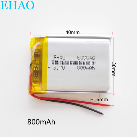 EHAO 603040 3.7V 800mAh Lithium Polymer LiPo Rechargeable Battery For Mp3 PAD DVD E-book bluetooth headset ► Photo 1/6