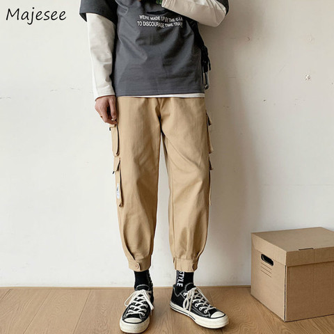 Men Casual Cargo Pants Solid Pockets Ankle-length Elastic Waist Fashion Streetwear All-match Korean Style Simple Chic Ins Loose ► Photo 1/6