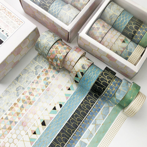 10 pcs/set Color geometric lattice gold Washi Tape set Scrapbooking Decorative Adhesive Tapes Paper Japanese Stationery Sticker ► Photo 1/6