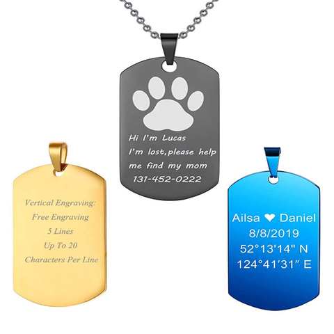 Custom Message Necklace Pendant Rectangle Mens Military Army Style Stainless Steel Dog Tag with 20