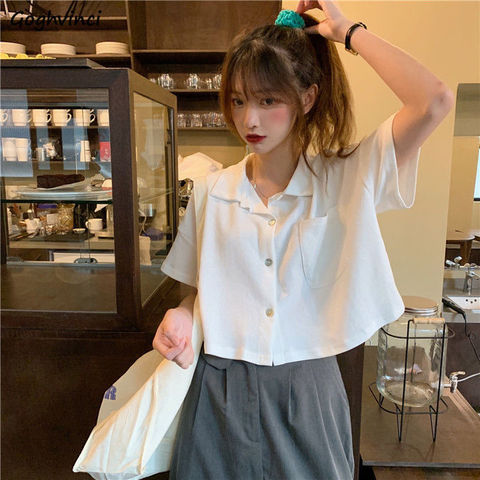 Shirts Women Pocket Solid Short Sleeve Casual Sweet Simple Summer Crop Tops Womens Koreans Style Designed Chic Streetwear Trendy ► Photo 1/6