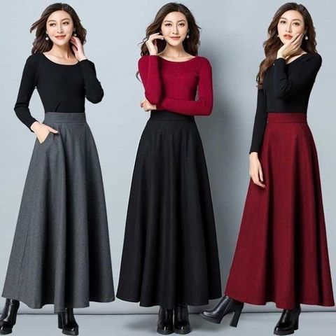 Autumn and Winter Solid Color Woolen Skirt Big Hem A- line Skirt High Waist Long Woman Skirts Mujer Faldas Saias Mulher ► Photo 1/6