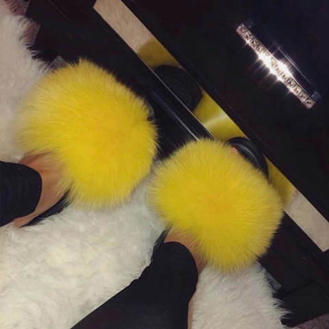 Women Winter Fox Fur Slides Leisure Solid Slippers Fluffy Fur Sandals Flat Beach Flip Flops Fashion Plush Slippers Brand Shoes ► Photo 1/6