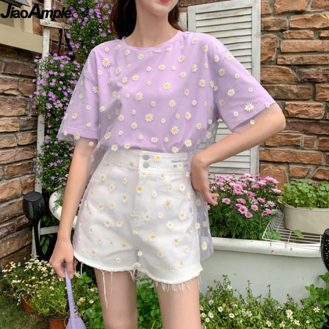 Women Korean Style Mesh Top Daisy Under Shirt Harajuku Aesthetic Cute Lace