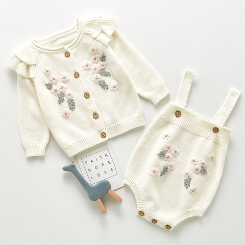 New Spring Autumn Infant Baby Girls Knit Long Sleeve Flower Coat + Braces Rompers Clothing Sets Kids Girl Suit Clothes 0-3Yrs ► Photo 1/6