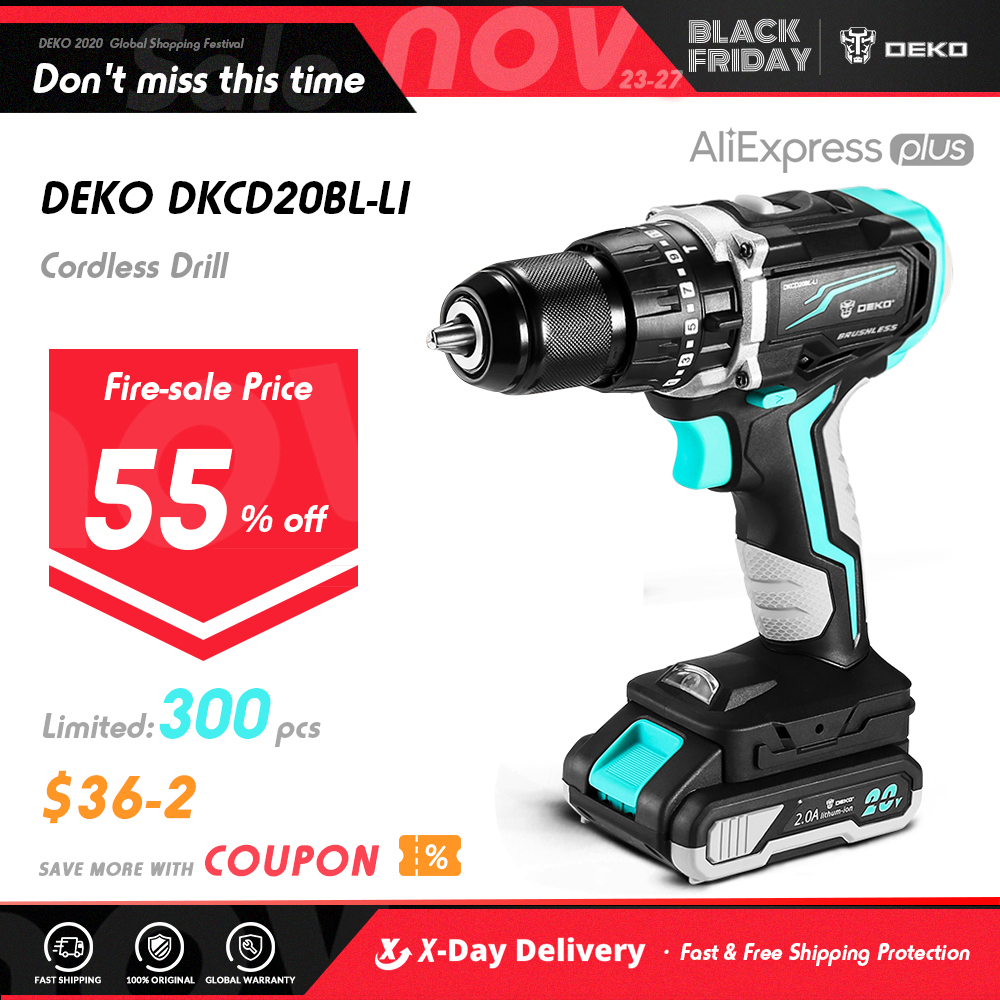 DEKO DKCD20BLLI 20V Cordless Brushless Hammer Impact Drill with 2