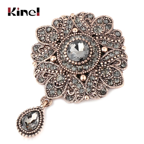 Kinel Vintage Gray Crystal Flower Turkish Brooch Pin For Women Antique Gold Arabesque Rhinestone Brooch Lapel Scarf Broches ► Photo 1/6