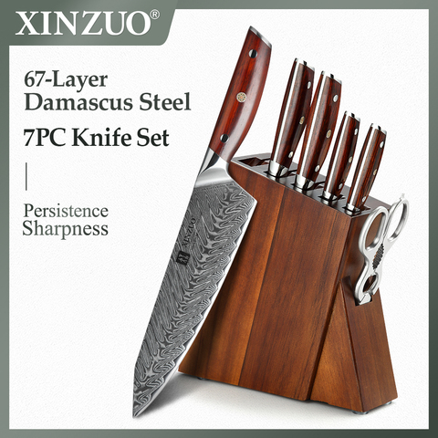 XINZUO 7 PCS Knife Set Damascus Steel Kitchen Knives 3Cr14 Stainless Steel Kitchen Scissors High Quality Acacia Wood Knife Block ► Photo 1/6