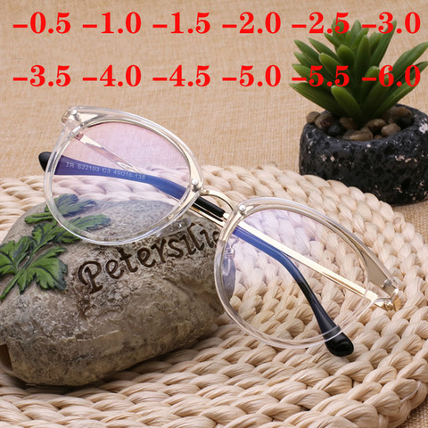 1.56 Aspherical Lens Optical Glasses TR90 Transparent Frame Round Eye Glasses Made Prescription -0.5 -1.0 -1.5 -2.0 To -6.0 ► Photo 1/5