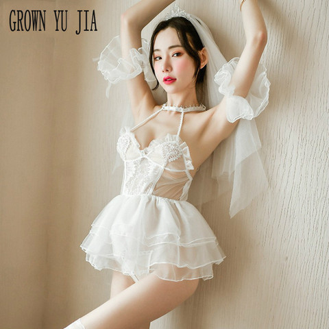 Sexy Women Porn White Bride Wedding Dress Erotic Cosplay Sex Costumes Lace Sling Lingerie Fishnet Stockings Set Bride Uniforms ► Photo 1/5