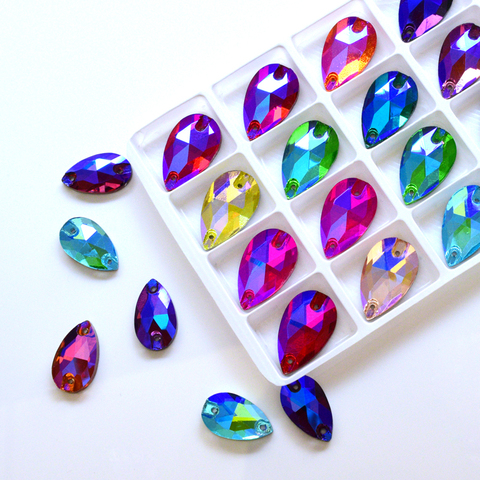 rhinestones craft sew Color AB teardrops are sewn on rhinestones, crystals are sewn on rhinestones, 2 holes DIY clothing making ► Photo 1/6