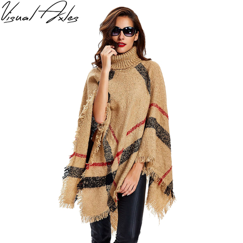 [Visual Axles] 2022 New Fashion Women Winter Warm Wool Plaid Knitting Poncho 7 Colors Provided ► Photo 1/6