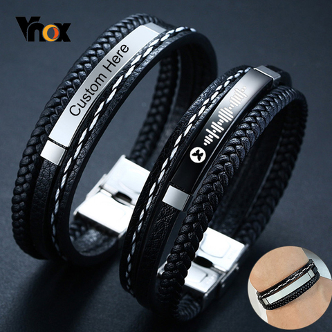 Vnox Customize Name Quotes Leather Bracelets for Men Glossy Stainless Steel Layered Braided Bangle Personalized DAD Husband Gift ► Photo 1/6