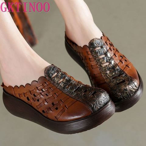GKTINOO 2022 Retro Slippers Genuine Leather Shoes Handmade Slides Flip Flop On The Platform Clogs For Women Hollow Woman Slipper ► Photo 1/6