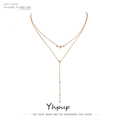 Yhpup Exquisite Bling Cubic Zirconia Layered Long Pendant Necklace Women 18 K Stainless Steel Chain Choker Necklace Accessories ► Photo 1/6