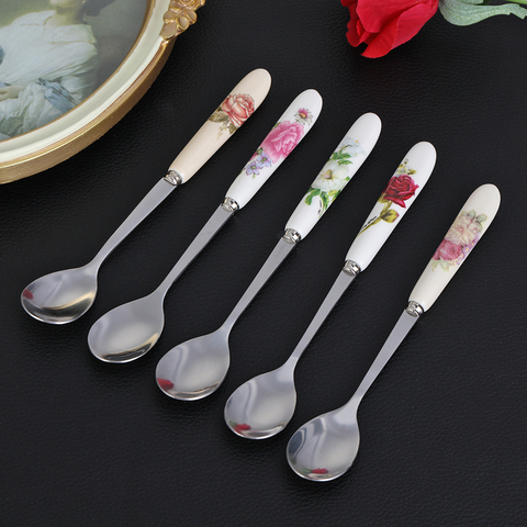 1pc Cute Rose Flowers Stainless Steel Mini Coffee Spoon Kitchen Tea Spoon With Long Handle Ceramics Ice Cream Dessert Teaspoon ► Photo 1/6
