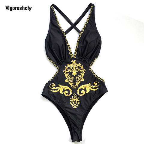 Vigorashely Sexy Gold Print Swimwear Women Vintage One Piece Swimsuit Female 2022 Bandage Monokini Deep V Bathing Suit Swim Wear ► Photo 1/4