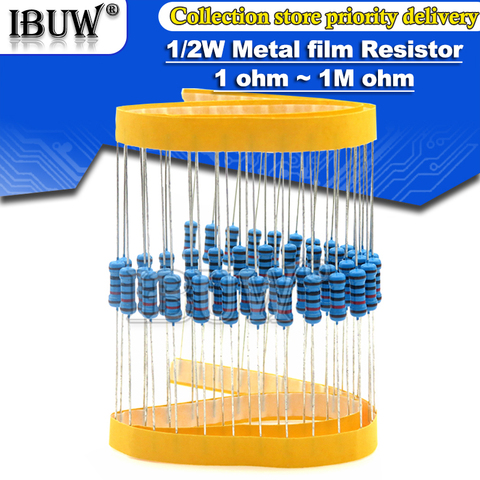 50pcs 1/2W Metal film resistor 1R~2.2M 100R 220R 330R 1K 1.5K 2.2K 3.3K 4.7K 10K 22K 47K 100K 100 220 330 1K5 2K2 3K3 4K7 ohm ► Photo 1/2