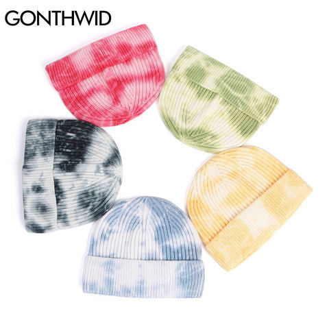 GONTHWID Knitted Tie Dye Beanies Hats Plain Cuff Beanie Knit Ski Cap Casual Skull Warm Solid Color Winter Blank Headwear Bonnets ► Photo 1/6
