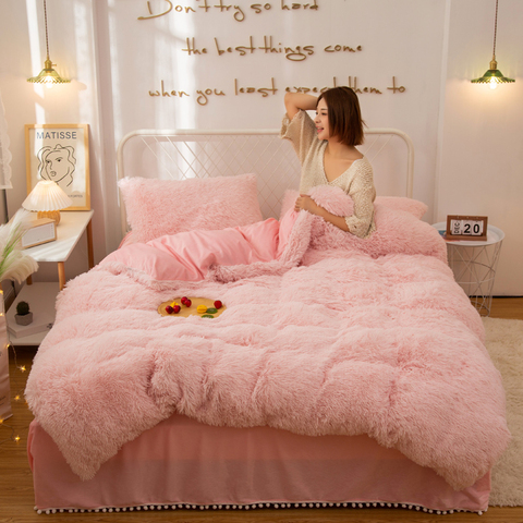 Winter Super Warm Long Plush Bedding Set Fluffy Faux Fur Shaggy Duvet Cover Pompoms Ruffles Bedskirt Pillowcase Set ► Photo 1/5