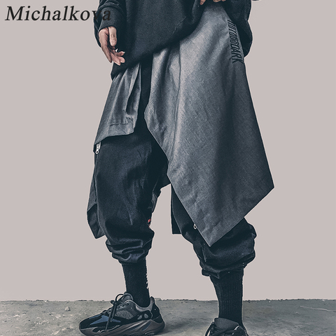 michalkova Irregular Hip Hop Men Waistband Skirt Pants Harajuku Adjustable Streetwear Black Pleated Apron Gothic Jogger hemlines ► Photo 1/6