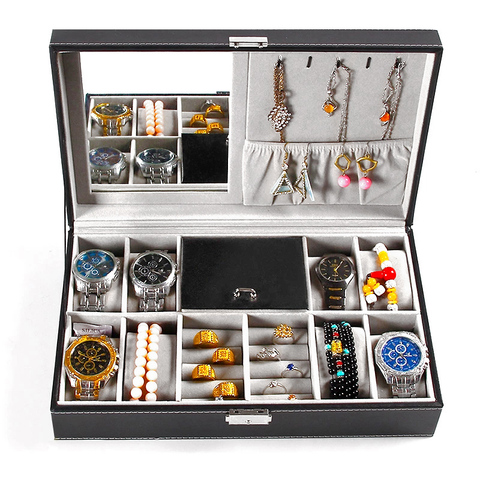 Leather Watch Box Black Men's Watch Storage Boxes Case With Mirror Lock Women Gift Organizer Rings Display Jewelry Box Holder ► Photo 1/6
