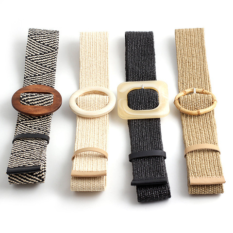 4.8cm Women Braided Elastic Belt Round Buckle Square Button Fashion Girdle Bamboo buckle Wood Buckle Jade Buckle belt ► Photo 1/6