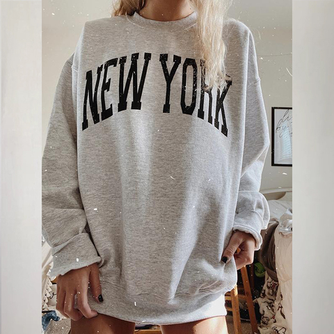 NEW YORK Letter Print Gray Pullovers Oversized Vintage Sweatshirt Women Teens 2022 Autumn New Drop Shoulder Fashion USA Style BF ► Photo 1/6