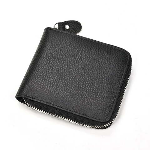 MAHEU Black Soft Genuine Leather Short Wallet Zip Card Purse With Coin Photo Pocket Men Women Male Female Short Pocket Wallet ► Photo 1/6