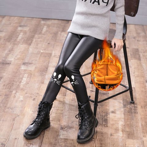 Faux Leather Girls Warm Leggings For Kids Thick Pants Toddler Christmas Pattern Trousers Children Waterproof Baby Girl Clothes ► Photo 1/6