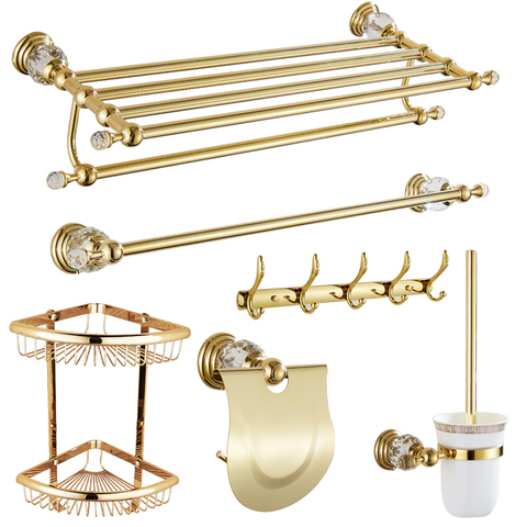 Polished Gold Bathroom Accessories Set with Crystal Towel Rack Shelf Toilet Brush Holder Towel Ring Paper Holder ► Photo 1/6