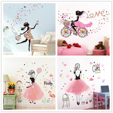 [shijuekongjian] Fairy Girl Wall Stickers Vinyl DIY Butterflies Flowers Mural Decals for House Kids Room Baby Bedroom Decoration ► Photo 1/6