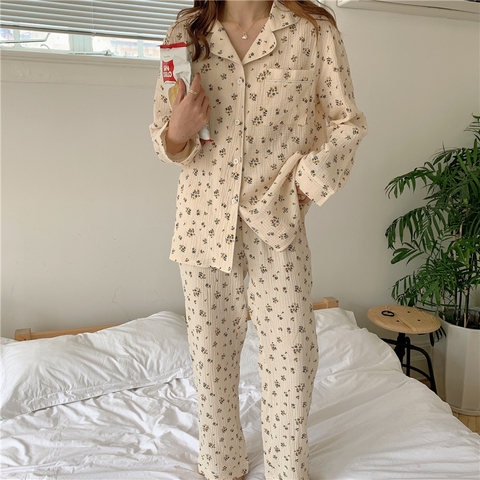 autumn winter crepe cotton two piece set sleepwear women pajamas set long sleeve shirts pants home set floral print vintage Y106 ► Photo 1/5