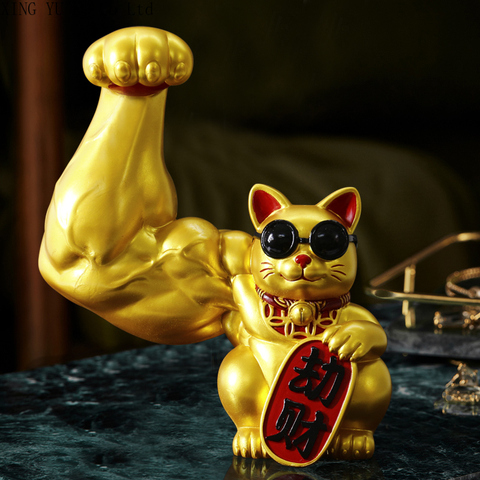 Muscle Arm Lucky Cat Ornaments Golden Resin Crafts Living Room Cute Animal Small Decoration Gift Creative Modern Home Decoration ► Photo 1/6