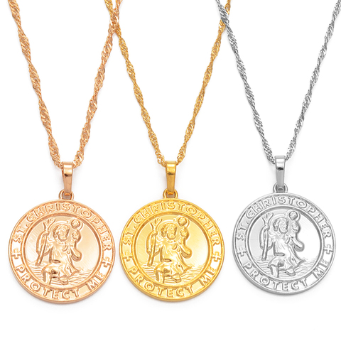 Anniyo St. Christopher Protect Me Necklaces for Women,Light Gold/Silver Color Saint Christophe Pendant Religious Jewelry #040904 ► Photo 1/6
