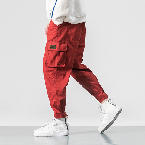 Cotton Men Multi-pocket Elastic Waist Design Harem Pant Street Punk Hip Hop Red Casual Trousers Joggers Male Army Cargo Pants ► Photo 1/5