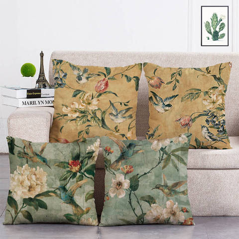 Vintage Flower Birds Cushion Cover Romantic Paris Valentine's Day Floral Pillow Cover Linen Cotton Sofa Couch Throw Pillows T109 ► Photo 1/5