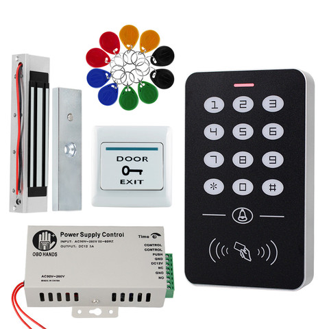 RFID Access Control System Kit Frame Glass Door Set+Electric 180KG Magnetic Lock+10 Keytab+Power Supply+Exit Button-A1 ► Photo 1/6