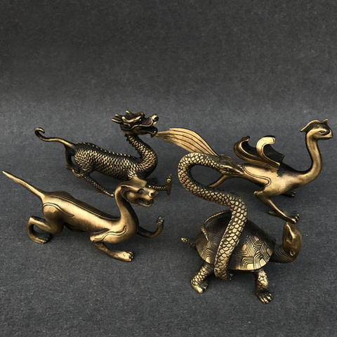 Brass Chinese Four God Beasts Ornaments Green Dragon White Tiger Vermilion Bird Black tortoise Fengshui Copper Mini Figurines ► Photo 1/6