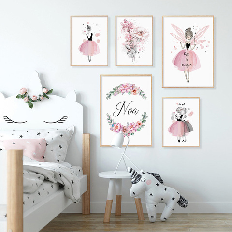 Watercolor Pink Kawaii Girls Poster Nursery Decor Flower Canvas Paintings Print Wall Art Pictures Gifts Children Room Home Decor ► Photo 1/6