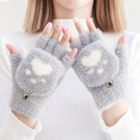Women's Winter Warm Touch Screen Gloves Cute Cat claw Sensory Fingerless Gloves Knitted Fluff Outdoor Flip cover Gloves 1 Pair ► Photo 1/6