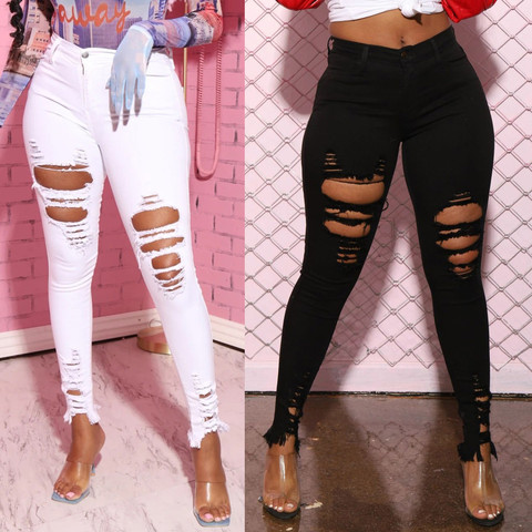 New Black White Stretch Ripped Jeans Skinny Jeans Women Denim Pants Holes Destroyed Knee Pencil Pants Casual Trousers ► Photo 1/6