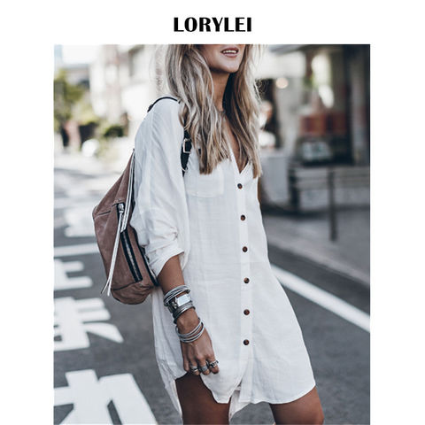 Women Summer Fashion Beach Tops Swimsuit Cover Up Plus Size Long Sleeve White Cotton Pocket Button Front Open Shirt Dress N648 ► Photo 1/1