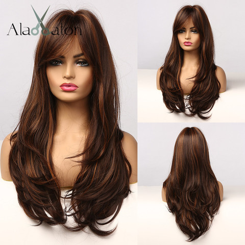 ALAN EATON Black Brown Golden Highlight Wig Long Wavy Womens Synthetic Wig with Bangs Heat Resistant Cosplay Hair for Women Afro ► Photo 1/6