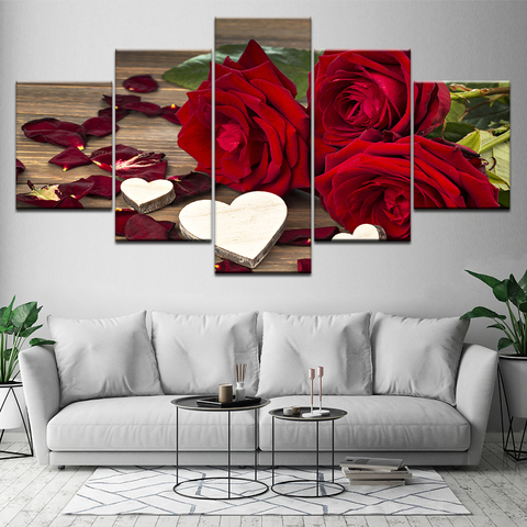 Printed Wall Art Canvas Painting 5 Panel Beautiful Roses Decoration Painting Modular Pictures On The Hall Wall Framework ► Photo 1/6